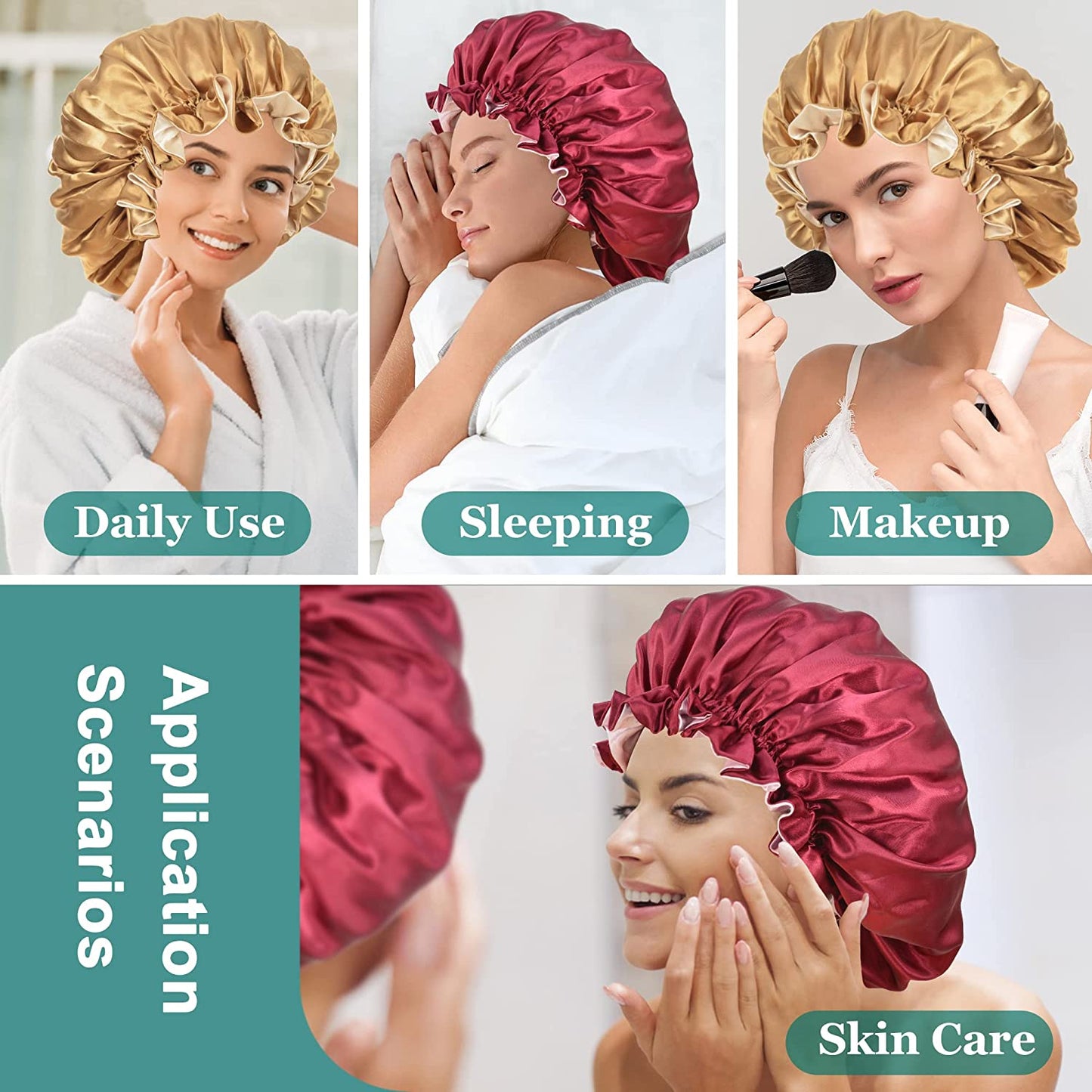 2 Pcs Silk Bonnet for Sleeping Double Layer Satin Hair Bonnets for Black Women with Wide Soft Elastic Band (Khaki + Burgundy)