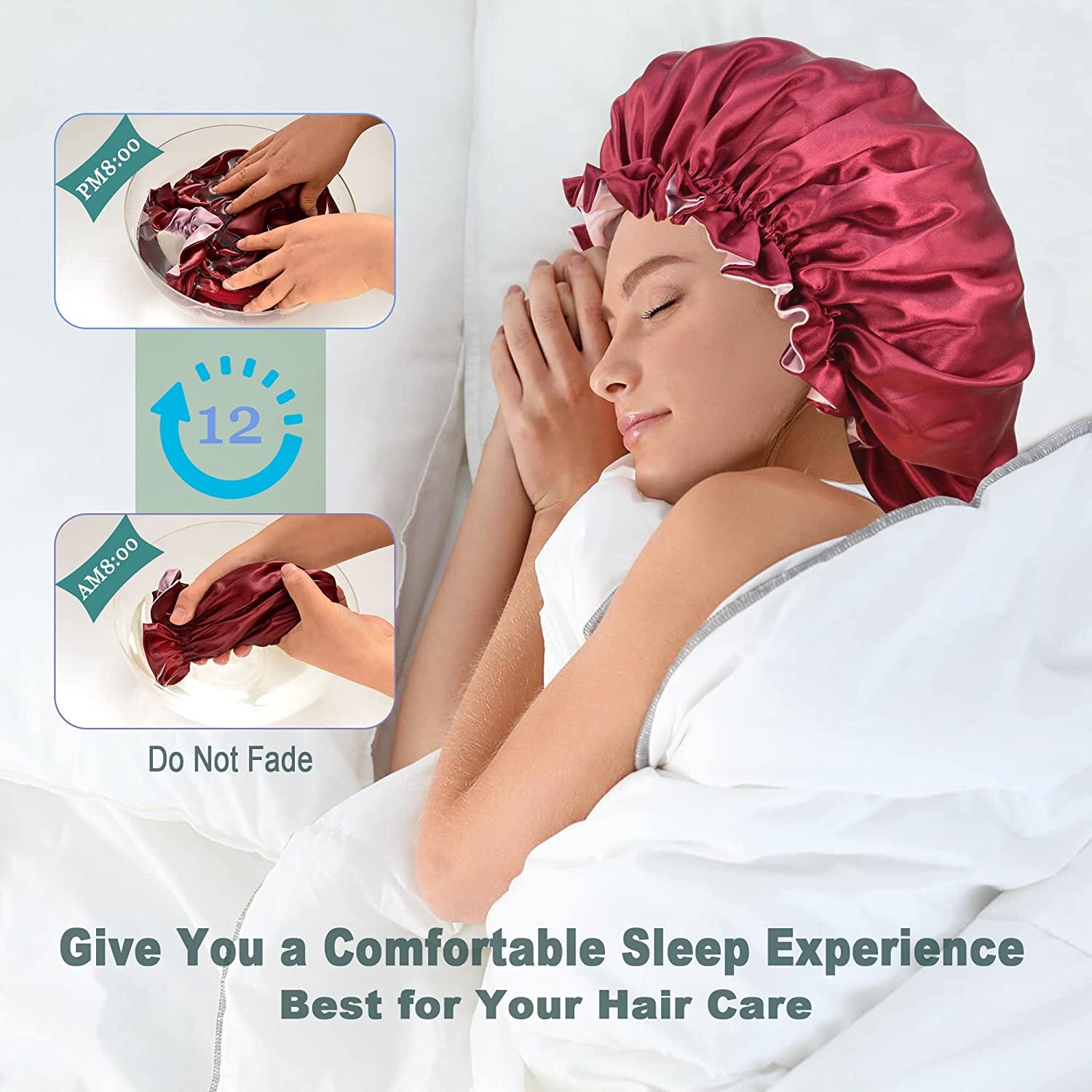 2 Pcs Silk Bonnet for Sleeping Double Layer Satin Hair Bonnets for Black Women with Wide Soft Elastic Band (Khaki + Burgundy)