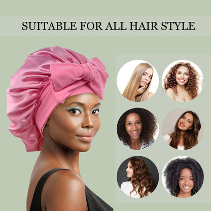 2PCS Satin Bonnet, Silk Bonnet Hair Wrap for Sleeping, Hair Bonnet for Bath, Tie Band for Women Long Curly Braid Hair (Pink, Blue)