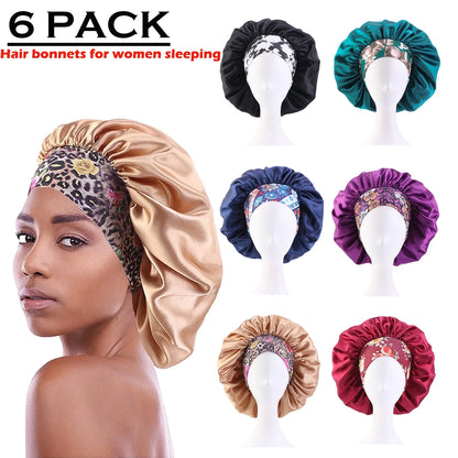 6 Pack Hair Bonnets for Women, Satin Hair Bonnet for Sleeping, Silk Bonnet for Curly Hair, Satin Bonnet for Black Women Big Capacity