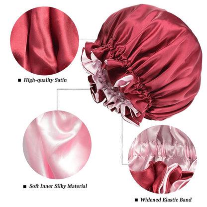 2 Pcs Silk Bonnet for Sleeping Double Layer Satin Hair Bonnets for Black Women with Wide Soft Elastic Band (Khaki + Burgundy)