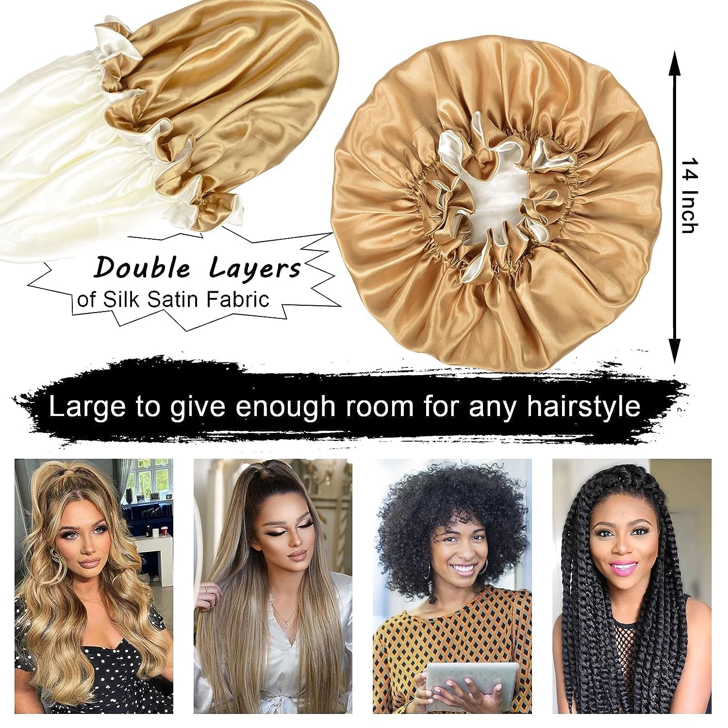 2 Pcs Silk Bonnet for Sleeping Double Layer Satin Hair Bonnets for Black Women with Wide Soft Elastic Band (Khaki + Burgundy)