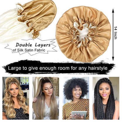 2 Pcs Silk Bonnet for Sleeping Double Layer Satin Hair Bonnets for Black Women with Wide Soft Elastic Band (Khaki + Burgundy)