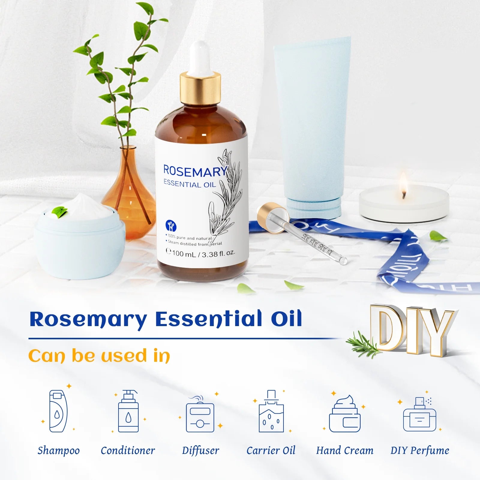 Rosemary Essential Oil for Hair Care, Diffuser, Massage, Add to Shampoo, Conditioner-100Ml