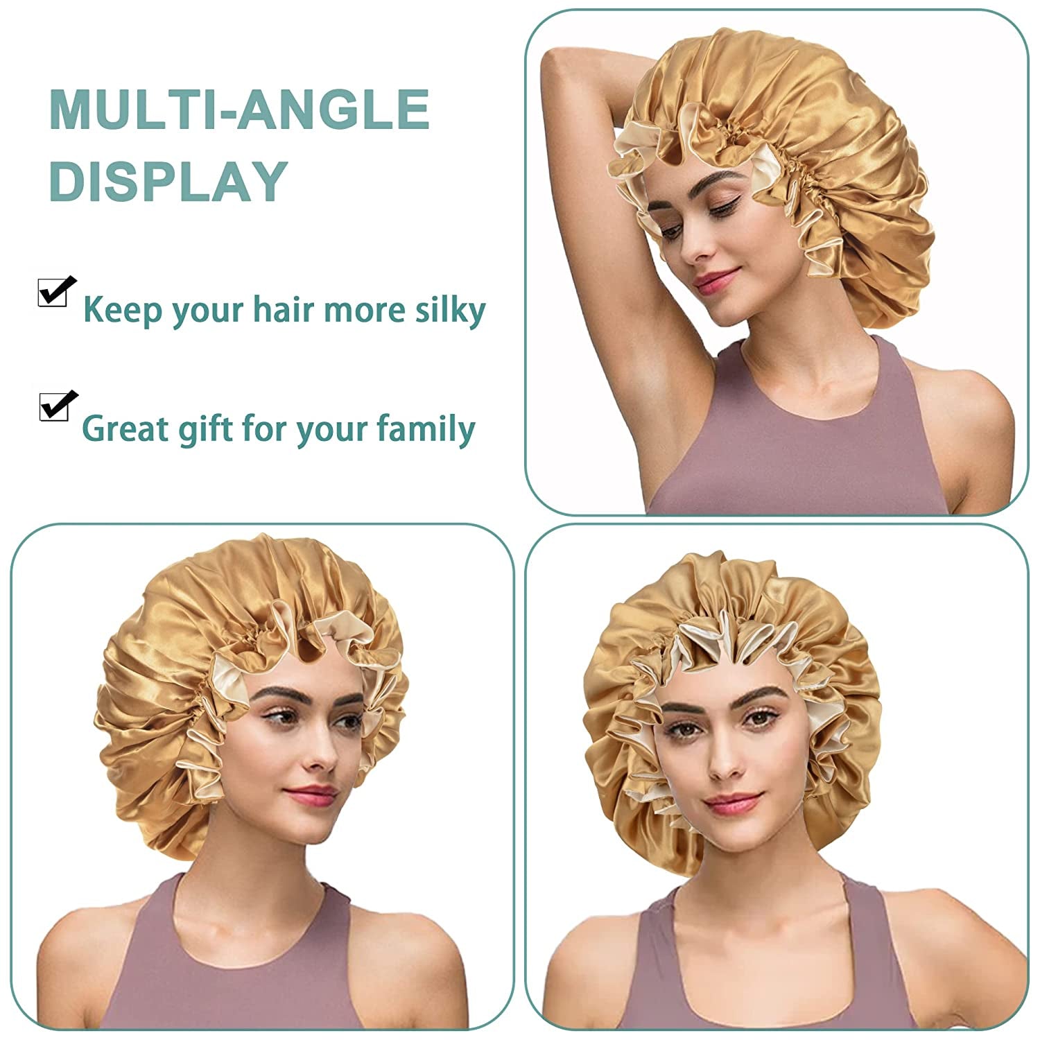 2 Pcs Silk Bonnet for Sleeping Double Layer Satin Hair Bonnets for Black Women with Wide Soft Elastic Band (Khaki + Burgundy)